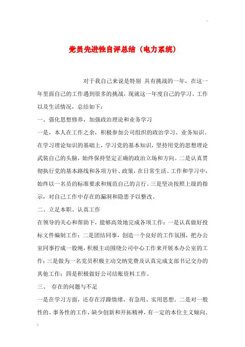 2019年整理党员先进性自评总结(电力系统)