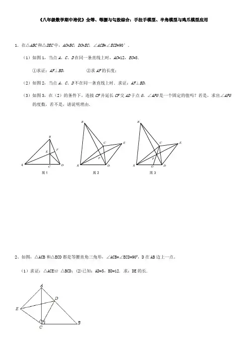 苏科版 八年级数学上册期中培优 ：全等、等腰与勾股定理综合：手拉手模型、半角模型与鸡爪模型应用