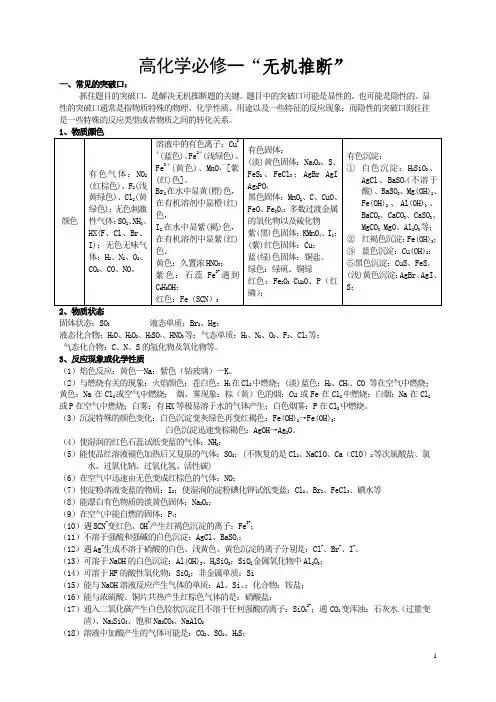 高中化学必修一无机物推断知识点