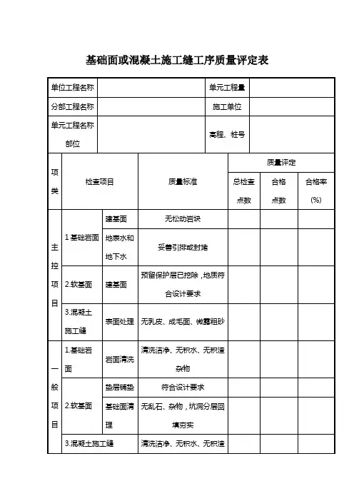 基础面或混凝土施工缝工序质量评定表