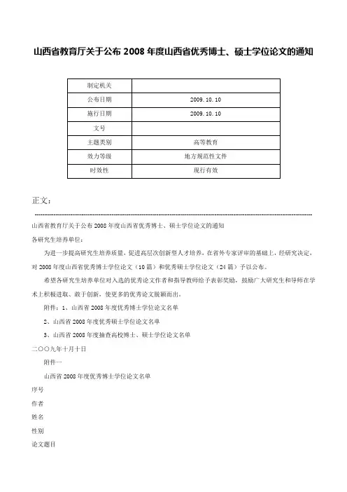 山西省教育厅关于公布2008年度山西省优秀博士、硕士学位论文的通知-