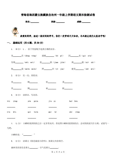 青海省海西蒙古族藏族自治州一年级上学期语文期末检测试卷