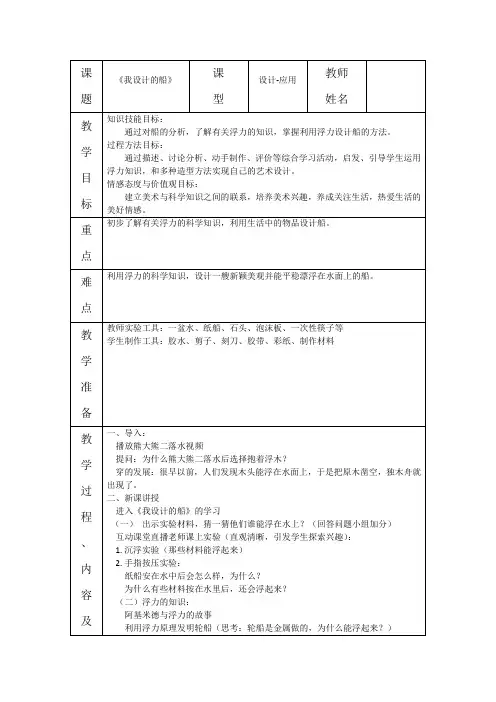 人美版 美术四年级上册 第17课 我设计的船(2) 教案(表格式)