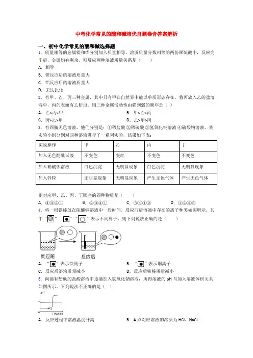 中考化学常见的酸和碱培优自测卷含答案解析