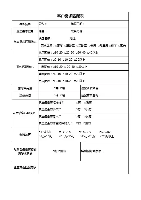 门店客户需求匹配表