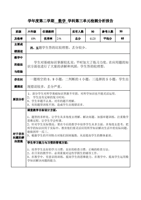 数学六年级下册第三单元试卷分析