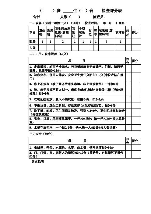 宿舍安全卫生检查表
