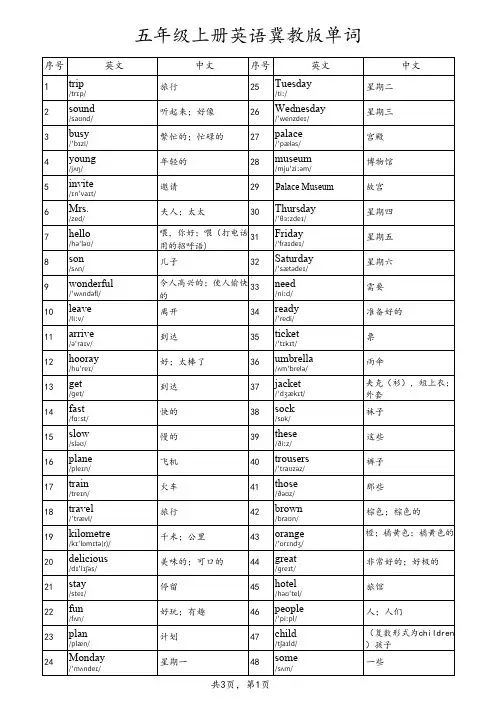 五年级上册英语冀教版单词