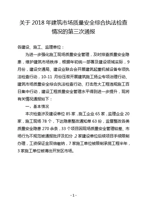 关于2018年建筑市场质量安全综合执法检查