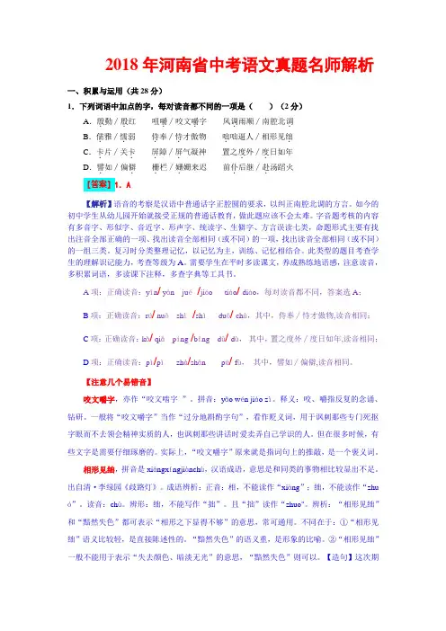 2018年河南省中考语文真题名师解析