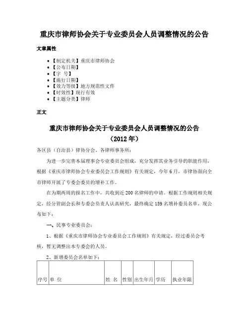重庆市律师协会关于专业委员会人员调整情况的公告