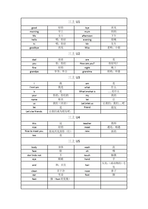 广州版小学英语三年级上册至五年级下册单词表