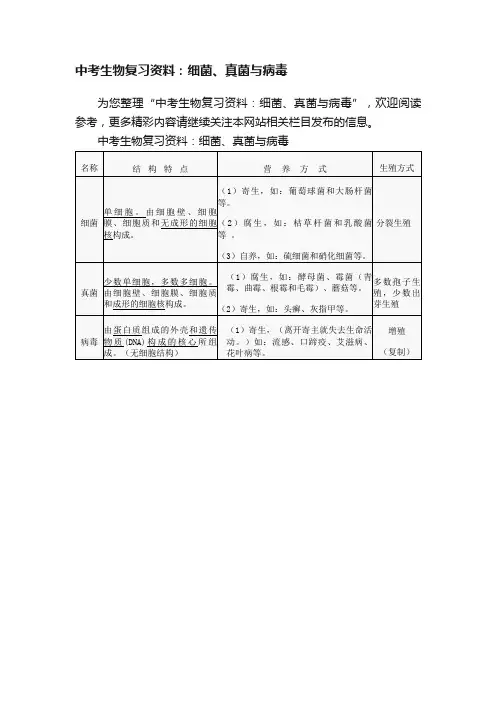 中考生物复习资料：细菌、真菌与病毒
