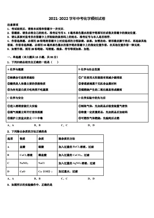 2022年上海市浦东新区名校中考化学模拟精编试卷含解析