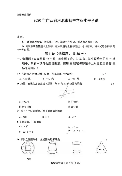 2020年广西省河池市初中学业水平考试数学试卷