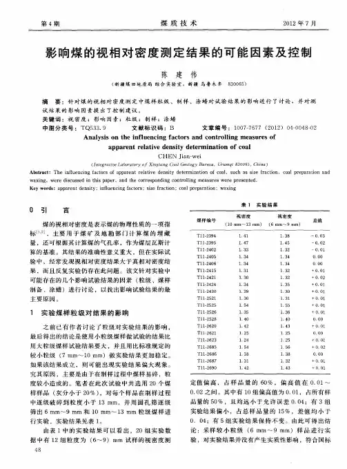 影响煤的视相对密度测定结果的可能因素及控制