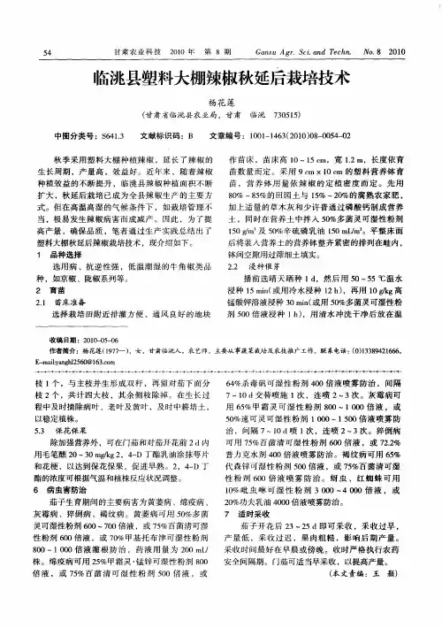 临洮县塑料大棚辣椒秋延后栽培技术