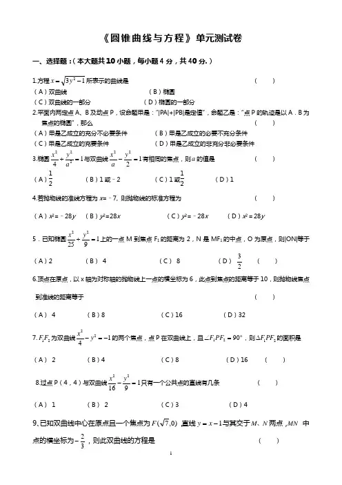 《圆锥曲线与方程》单元测试卷、答案