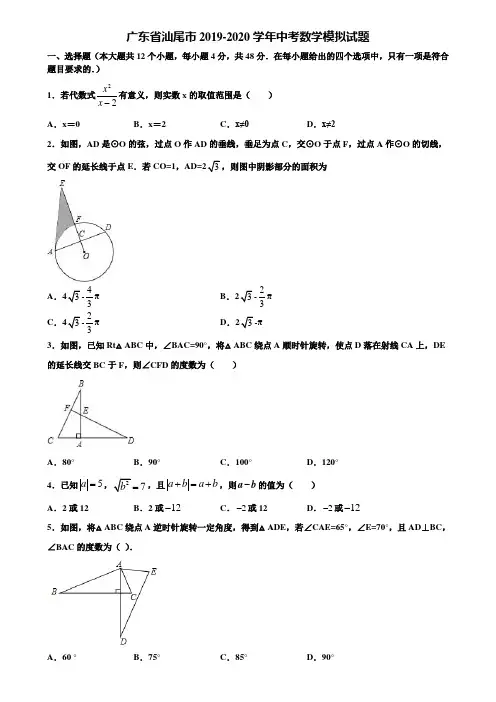 广东省汕尾市2019-2020学年中考数学模拟试题含解析