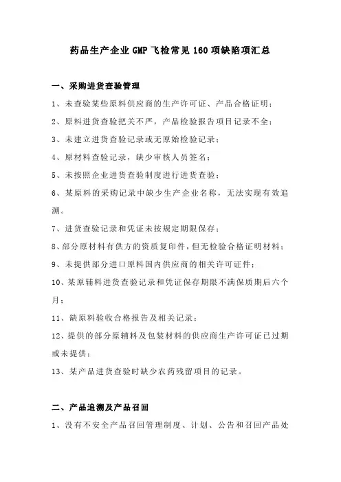 药品生产企业GMP飞检常见160项缺陷项汇总