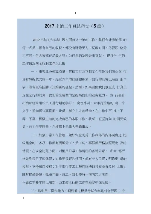 2017出纳工作总结范文(5篇)