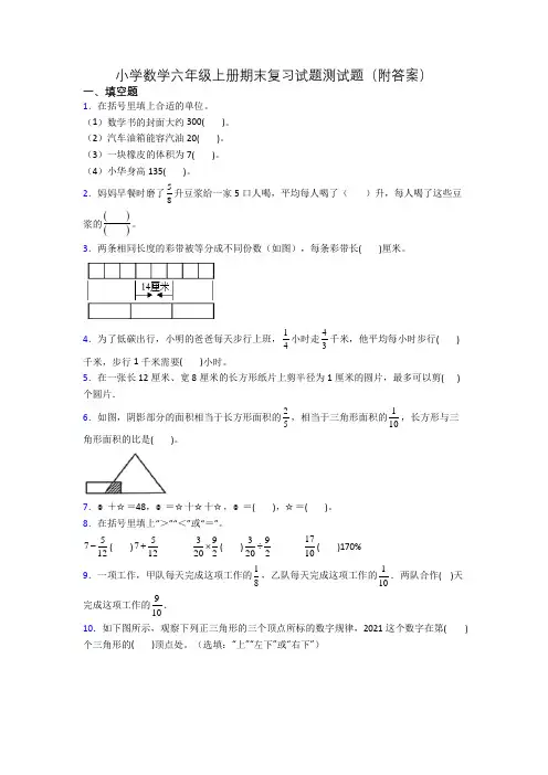 小学数学六年级上册期末复习试题测试题(附答案)