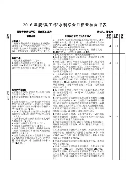 2016年度禹王杯水利综合目标考核自评表