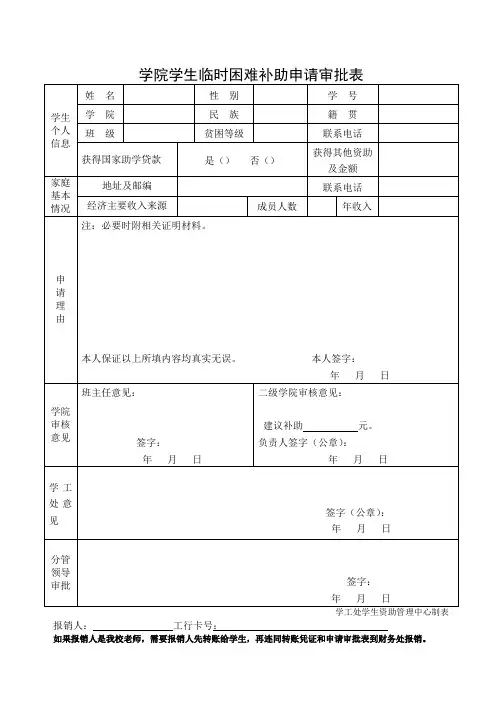 学院学生临时困难补助申请审批表