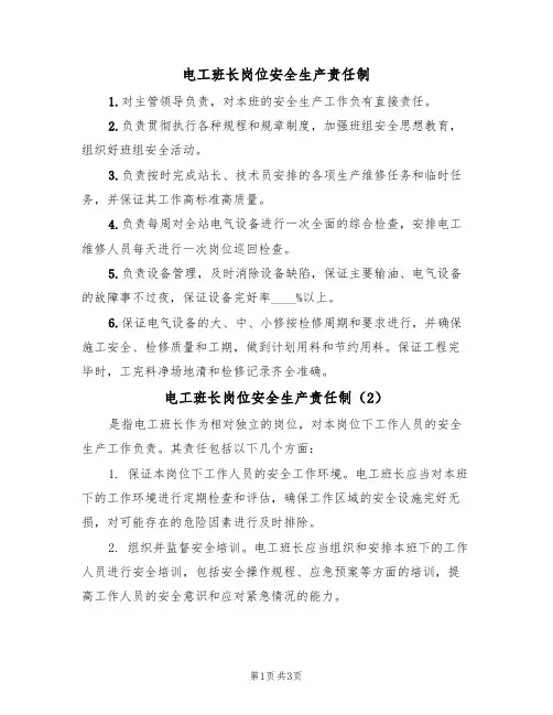 电工班长岗位安全生产责任制(3篇)