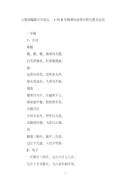 人教部编版小学语文1到6年级课内必背日积月累全总结