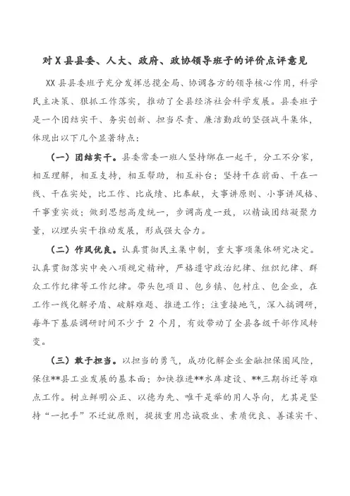 对X县县委、人大、政府、政协领导班子的评价点评意见