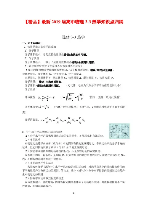 【精品】最新2019届高中物理3-3热学知识点归纳