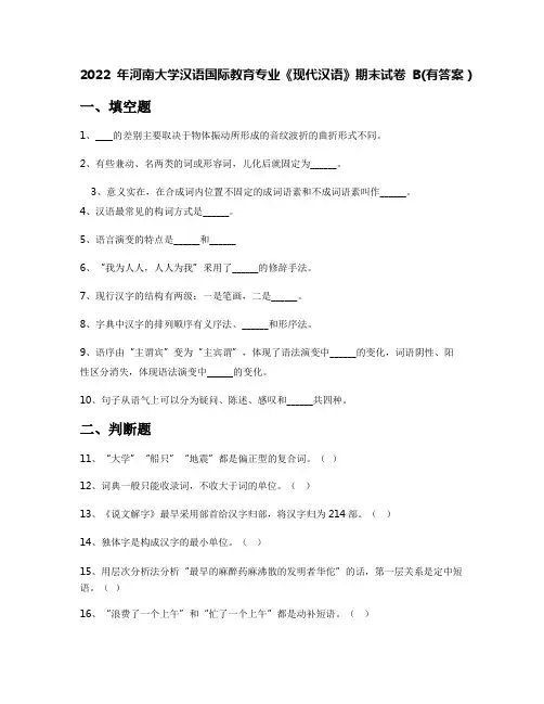 2022年河南大学汉语国际教育专业《现代汉语》期末试卷B(有答案)