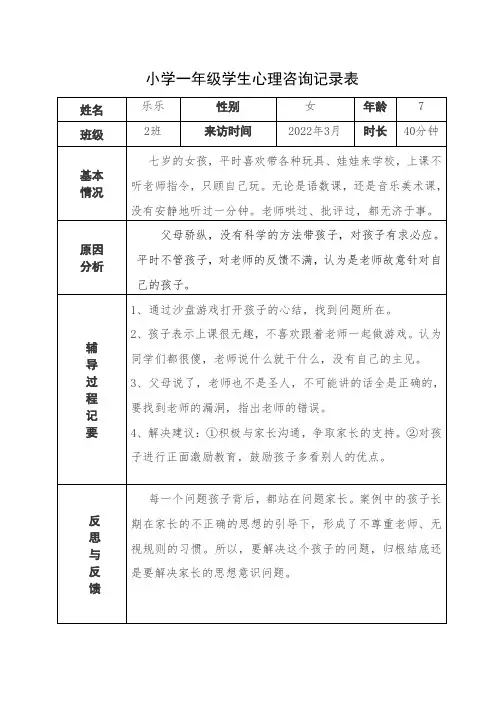 小学一年级学生心理咨询记录表