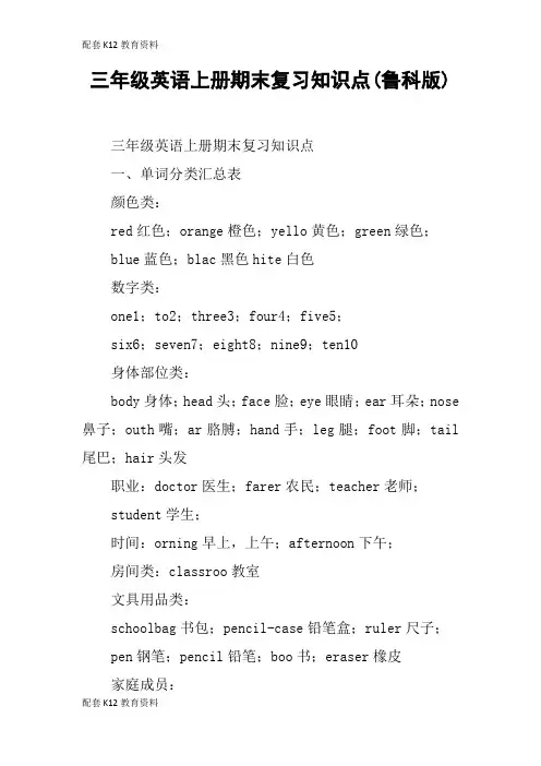 【配套K12】三年级英语上册期末复习知识点(鲁科版)