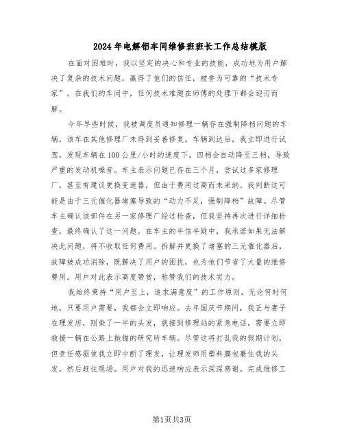 2024年电解铝车间维修班班长工作总结模版（二篇）