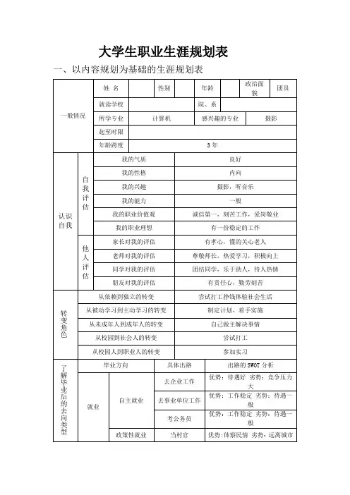 大学生职业生涯规划表