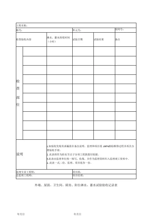 外墙、屋面、卫生间、厨房、阳台淋水、蓄水试验验收记录表