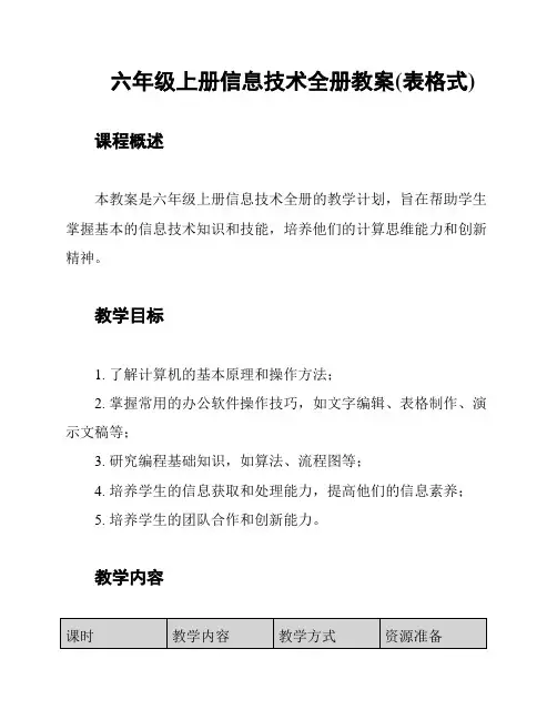 六年级上册信息技术全册教案(表格式)