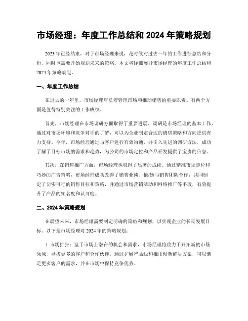 市场经理：年度工作总结和2024年策略规划