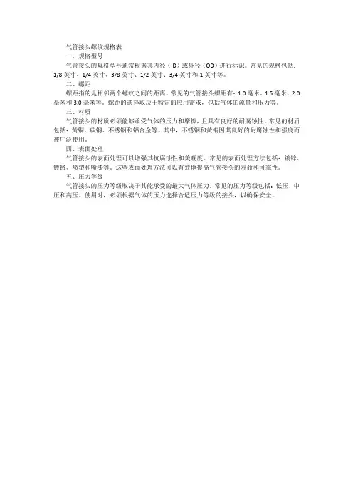 气管接头螺纹规格表