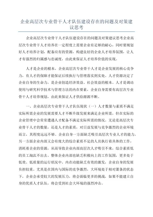 企业高层次专业骨干人才队伍建设存在的问题及对策建议思考