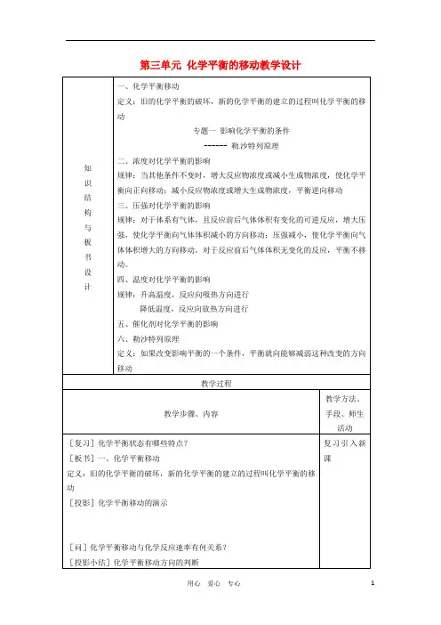 高中化学 专题二化学反应速率与化学平衡 化学平衡的移动教案(1) 苏教版选修4