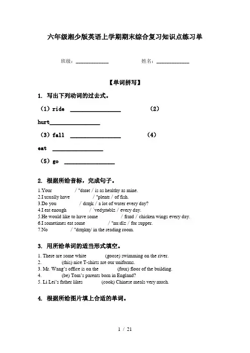 六年级湘少版英语上学期期末综合复习知识点练习单