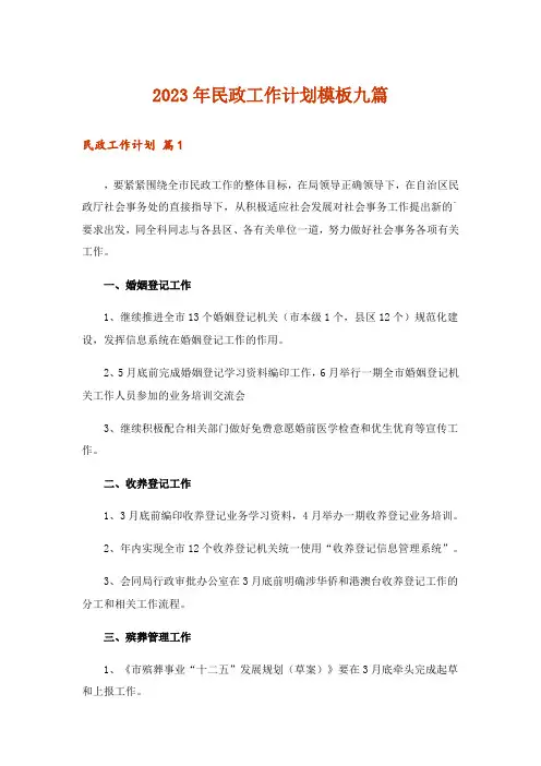 2023年民政工作计划模板九篇