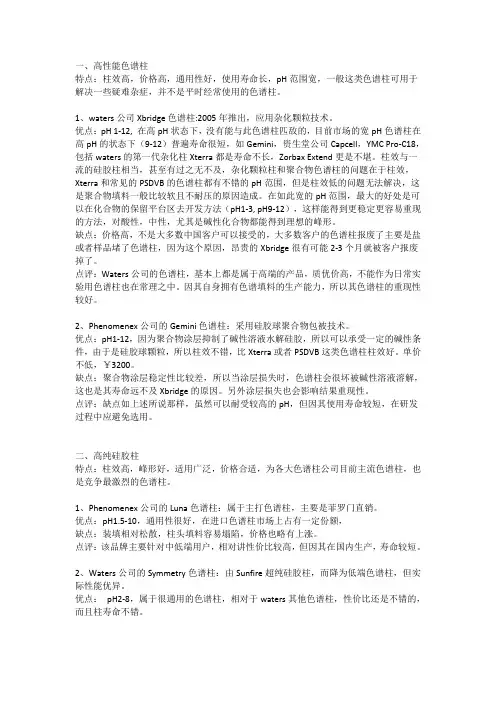 常用色谱柱比较
