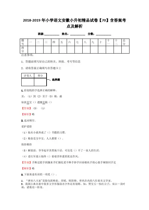 小学语文安徽小升初试卷含答案考点及解析