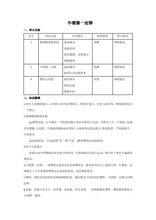 高中物理新人教版必修一 4.1 牛顿第一定律  精品学案