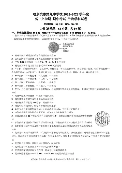 黑龙江省哈尔滨市第九中学2022-2023学年高一上学期期中考试生物试题