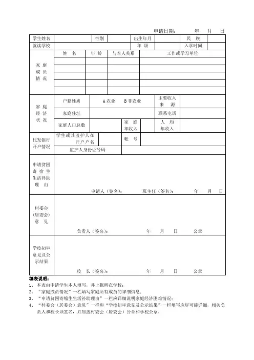 义务教育阶段贫困寄宿生生活补助学生申请表